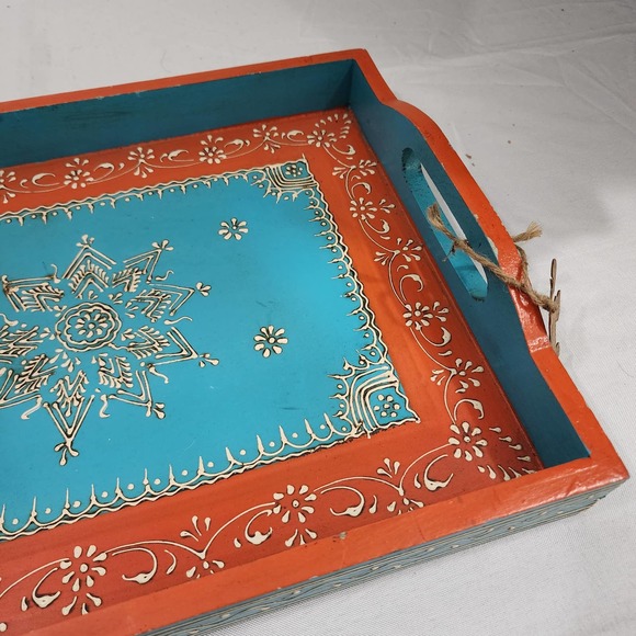 Meenakari Art Handmade Wooden Serving Tray Made in India Handle 16x12x1.75 Inch - Picture 7 of 14